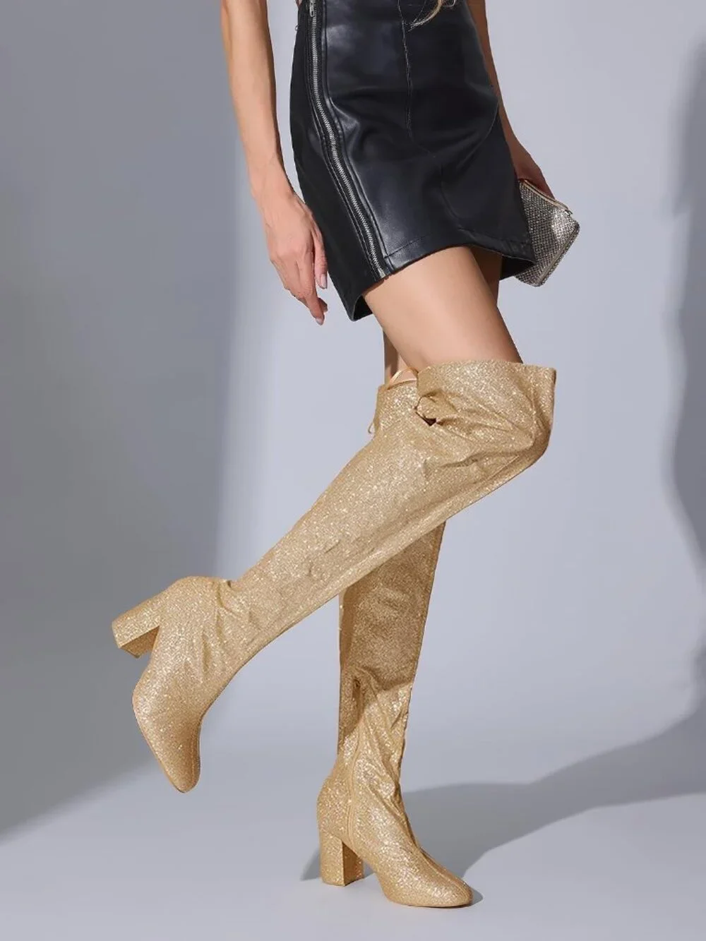 Women's Gold Round Toe Chunky Heel Lace Up Synthetic Over The Knee High Boots